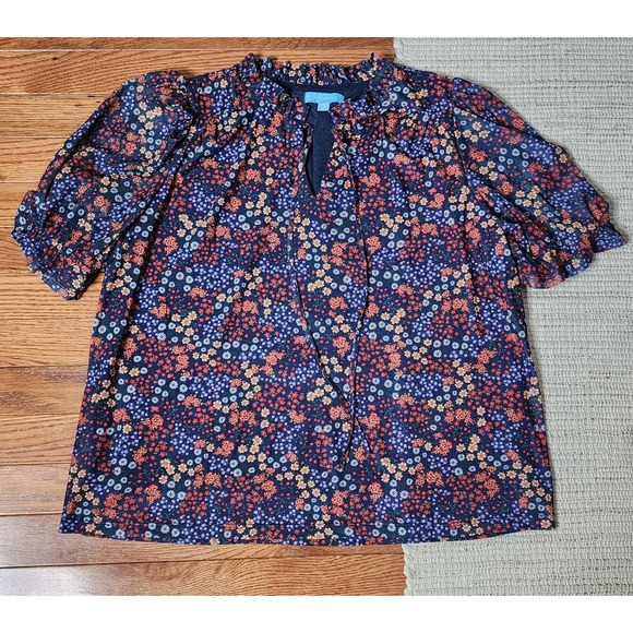 Draper James Tops - Draper James Split Neck Floral Blouse Top Short Puff Sleeve Prep M